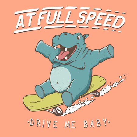 Funny hippopotamus rides on skateboard at full speed. Oldschool style.Prints design for t-shirtsのイラスト素材