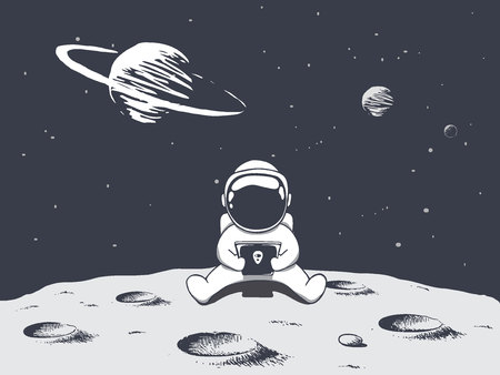 astronaut playing games on smartphone.Space vector illustration.Prints designのイラスト素材