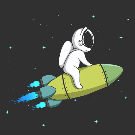 Little astronaut flies on rocket in space. Cosmic vector illustrationのイラスト素材