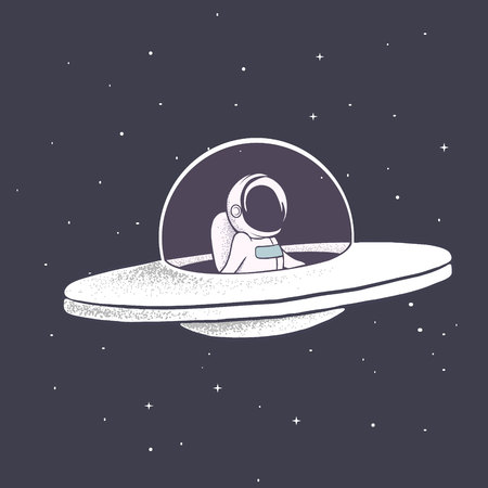 astronaut flies in flying saucer through universe.Space theme.Vector illustrationのイラスト素材