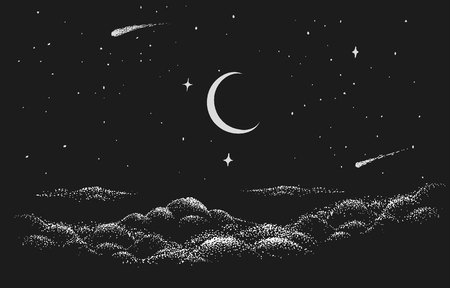 View to night sky with clouds,stars and Moon.のイラスト素材