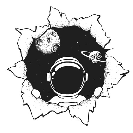 an astronaut looks at us through the hole. Handcrafted style. Vector illustrationのイラスト素材