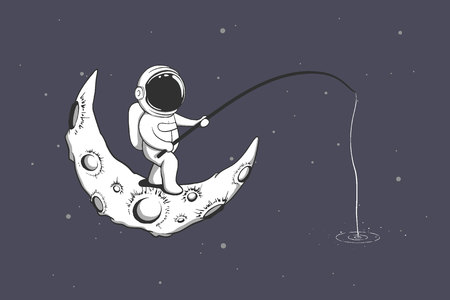 Baby astronaut fishing on the Moon in space sea. Cartoon style. Vector illustrationのイラスト素材