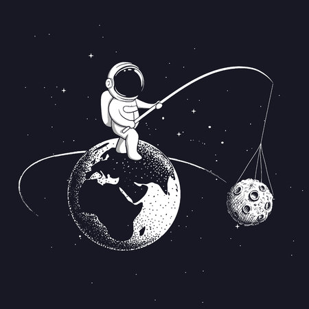 an astronaut spins the moon in orbit of Earth.Space character.Vector illustrationのイラスト素材