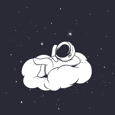 Baby astronaut lies and relaxing on the cloud. Space vector illustrationのイラスト素材