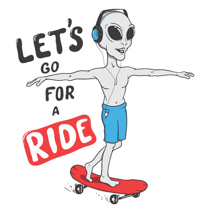 Happy alien rides on skateboard.Funny humanoid skateboarder. Vector illustration.Prints designのイラスト素材