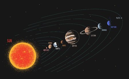 Solar system.Parade of planets.Hand drawn style.Space design.Color version.Vector illustrationのイラスト素材