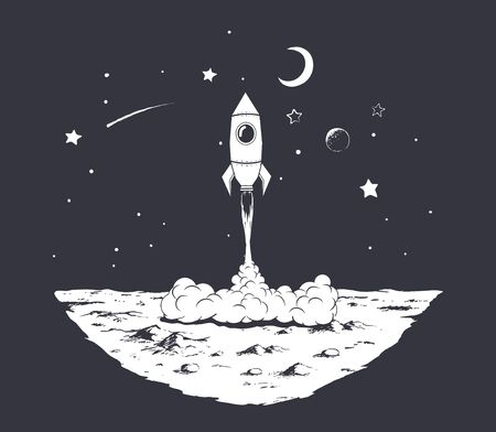 rocket launch from planet.Black and white versionのイラスト素材