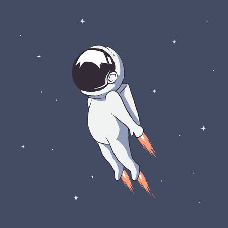 Cute astronaut flies using jet engines on the arms and legs through universe .Hand drawn style.Color version.Vector illustrationのイラスト素材