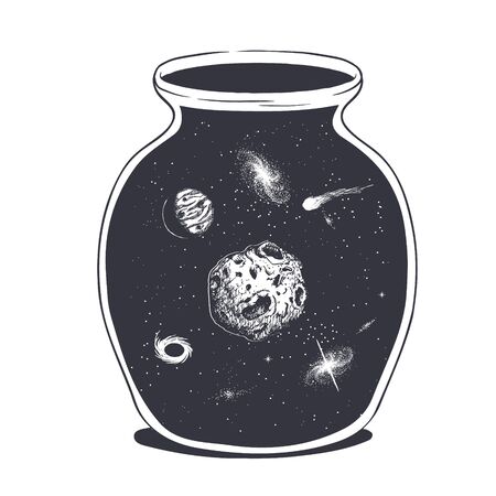 Space in the glass jar.Cosmic planets,moon in the bottle.Hand drawn style.Vector illustrationのイラスト素材