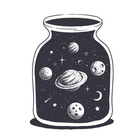 Space inside jar.Many cosmic objects and planets in the bottle.Hand drawn style.Vector illustrationのイラスト素材