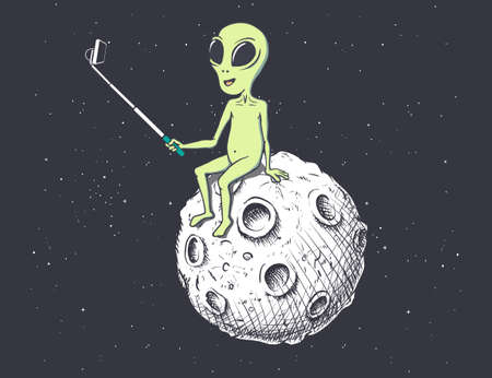 Alien makes selfie on Moonのイラスト素材