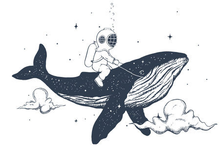 Diver and whale are flies in the skyのイラスト素材