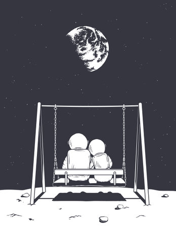 Enamored astronauts swinging on a seesaw at the Moonのイラスト素材