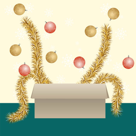 Christmas tree decorations jumping out of the box, simple vector illustrationのイラスト素材
