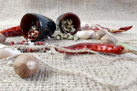 Spices, white, black and red peppers, garlic and chilli in rough old plate on a rustic linen background, close-upの写真素材