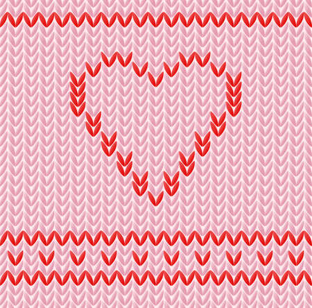 Cozy knitted texture with red heart, seamless pattern, simple vector illustrationのイラスト素材