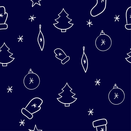 Christmas seamless pattern with gloves, trees, snowflakes, flat vector illustrationのイラスト素材