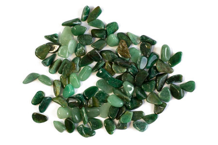 Macrophoto of mineral rock specimen - tumbled green aventurine gemstone isolated on white background