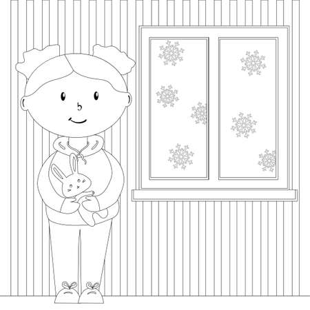 Doll with bunny in a cozy room with a winter window, coloring page for children, simple vector illustrationのイラスト素材