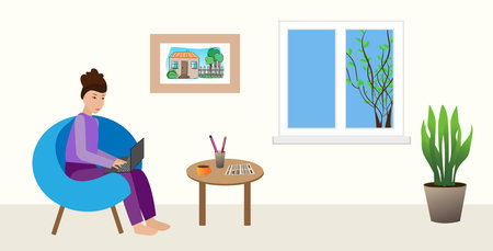 Girl stays at home in chair sits and works with a laptop, window, cofee flat vector illustrationのイラスト素材