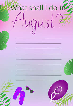 To do list, wish list or planning concept. Paper sheets with lines. What shall I do sign. August. Vector flat illustration isolated on blurred backgroundのイラスト素材
