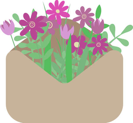 Purple flowers in an envelope, concept, simple vector flat illustrationのイラスト素材