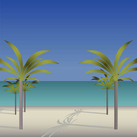 Palms on the beach, blue ocean, sea and yellow sand, simple flat vector illustrationのイラスト素材