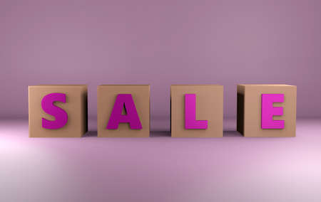 Purple inscription Sale on beige cubes, soft light, smooth pink background, 3d rendering