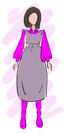 Beautiful girl in gray dress and bright purple blouse, simple bright fashion illustration, flat vectorのイラスト素材