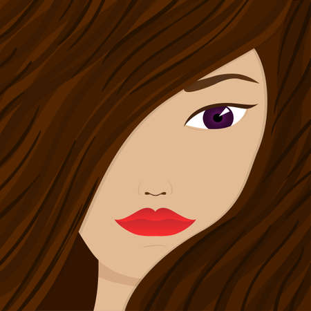 Cute pretty girl with purple eyes and dark brown hair, simple flat vector illustrationのイラスト素材
