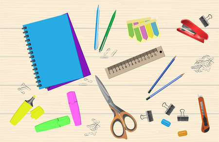 Set of colorful stationery for office and school scissors knife, pen pencil notebook, ruler, marker....
