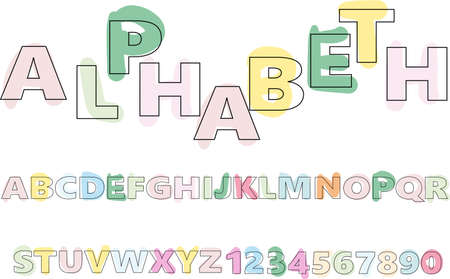 Hand-drawn alphabet in a crude, primitive style random pastel colors. Simple vector illustrationのイラスト素材