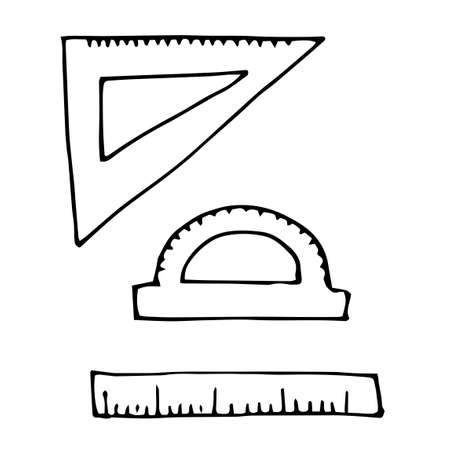 Different right angle rulers and protractor, primitive hand drawn, back to school, simple flat vector illustrationのイラスト素材