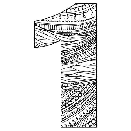 stylized alphabet - numeral 1. Black white hand drawn doodle. Ethnic pattern. African, indian, totem, design, adult antistress coloring page. Simple flat vector illustrationのイラスト素材