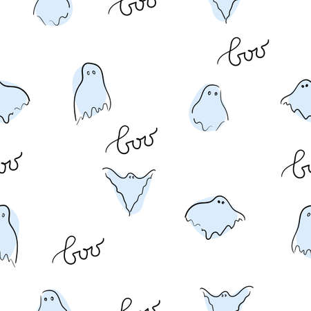 Halloween seamless pattern blue spooky ghosts on white backgrounds. Minimal simple concept scary autumn for packaging and fabricのイラスト素材