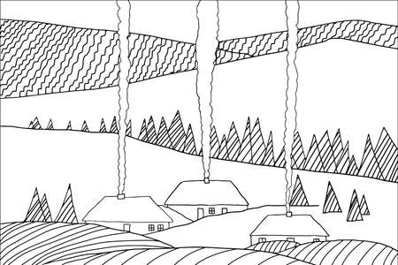 Coloring book winter landscape. Hand drawn simple flat vector illustration Outline styleのイラスト素材