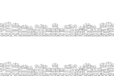 House funny doodle pattern, village vector illustration. Seamless texture in black and white colorsのイラスト素材