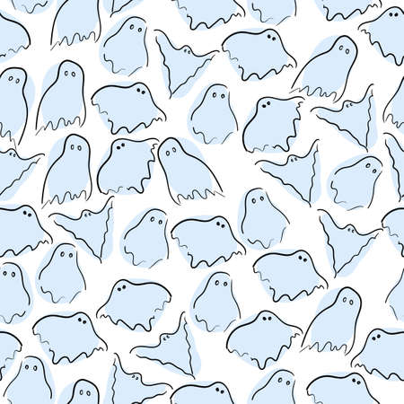 Halloween seamless pattern blue spooky ghosts on white backgrounds. Minimal simple concept scary autumn for packaging and fabricのイラスト素材