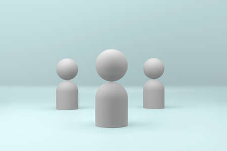 Group of gray human figures with arrow symbol of social distance, on a soft blue background 3d rendering illustration front viewの写真素材