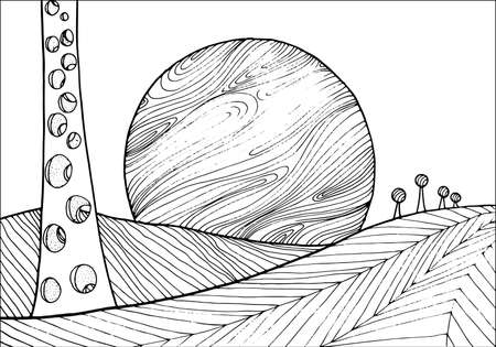 Doodle alien fantasy landscape with planets on the sky coloring page for adults. Fantastic psychedelic graphic artwork. Vector hand drawn simple flat illustration.のイラスト素材