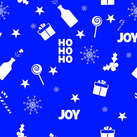 Christmas seamless pattern with gifts, candies, snowflakes, simple flat vector illustration