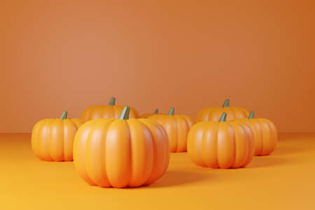 3d render pumpkin. Minimal concept. Holiday decoration, bright orange yellow pumpkin for celebration halloween on on bright orange backgroundの写真素材