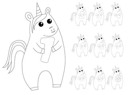 Cute fairy unicorn holding number, coloring book in outline style, simple flat vector illustrationのイラスト素材