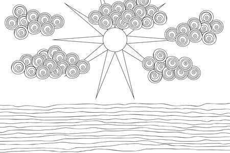 Cute cartoon meadow with mountain, sun and river. Kids coloring pageのイラスト素材
