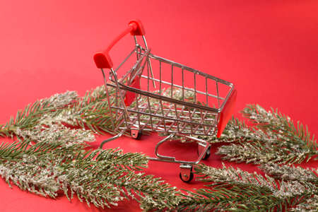 shoping cart with fir branches basket supermarket Winter holiday sales, seasonal sales, Black Fridayの写真素材