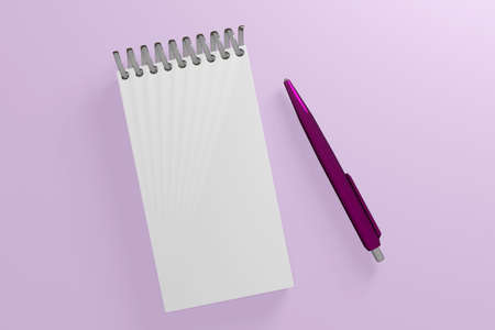 White notepad with purple pen. Minimal 3d illustration on soft pink background top viewの写真素材