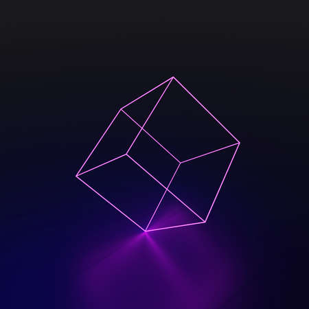 3d render of abstract 3d glowing purple cube wireframe cage around on dark purple backgroundの写真素材