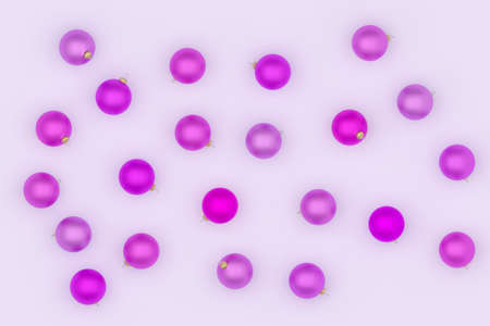 Multiple purple Christmas balls, shiny ornaments on light gray background, 3d rendering. Beautiful concept for happy new year and christmas holidaysの写真素材