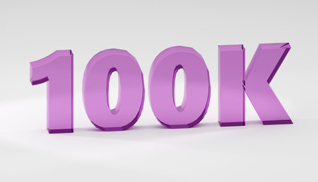 Luxury glass inscription 100k on gray podium, soft light, front view smooth background, 3d rendering
